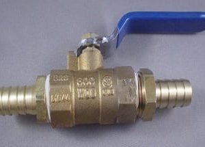 VALVE,SHUT-OFF,1/2IN,BRASS,W/(1)1/2 BARB X (1)3/8 BARB FITTINGS